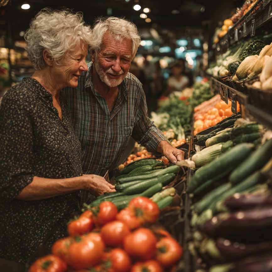Здорова літня пара готує разом корисну їжу